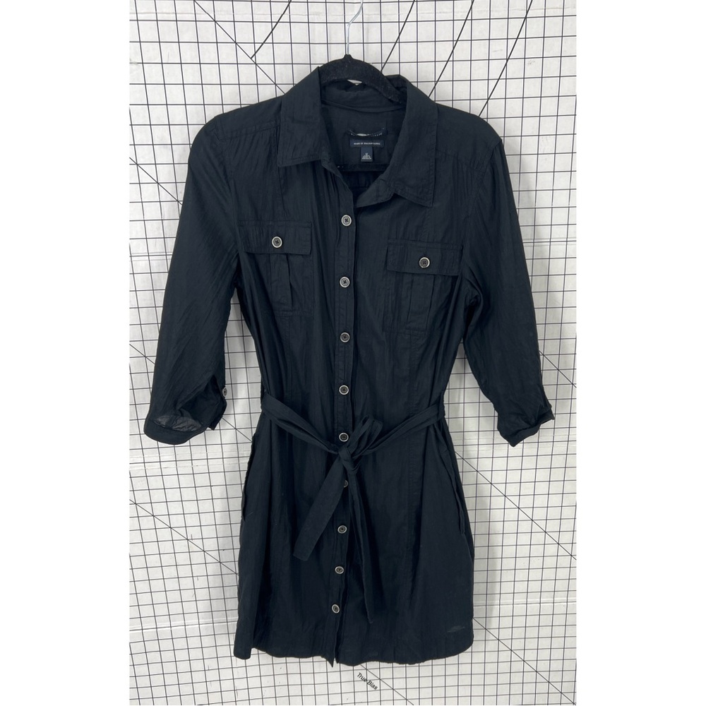 Banana Republic classic 100% cotton black crinkle button front shirt dress 12